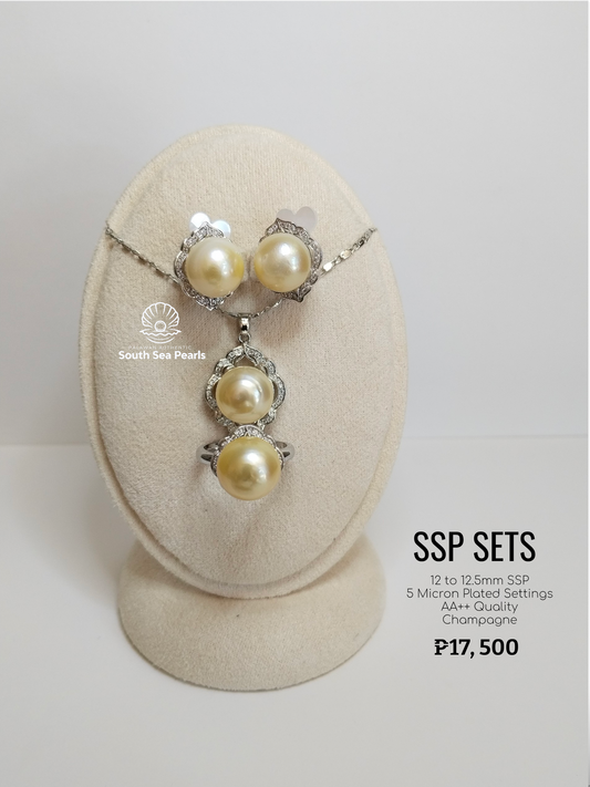 12mm to 12.5mm Palawan Authentic Champagne Color South Sea Pearl Sets in 5 Micron Plated Settings