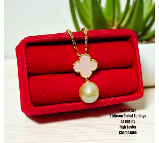 New Arrival! 11.9mm Authentic Champagne Color South Sea Pearls Pendant in 5 Micron Plated Settings