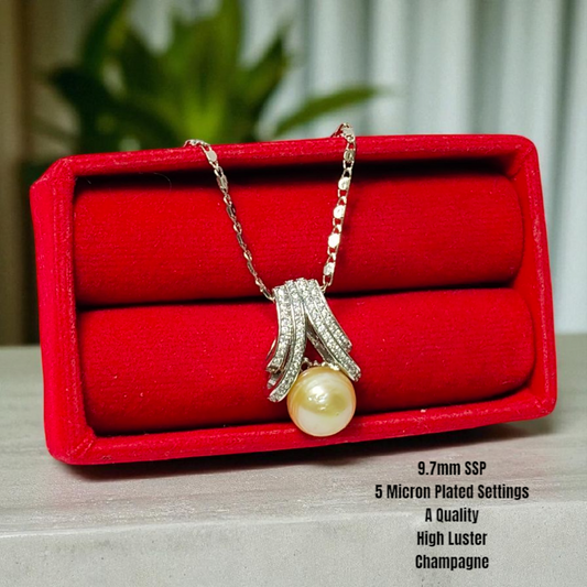 New Arrival! 9.7mm Authentic Champagne Color South Sea Pearls Pendant in 5 Micron Plated Settings