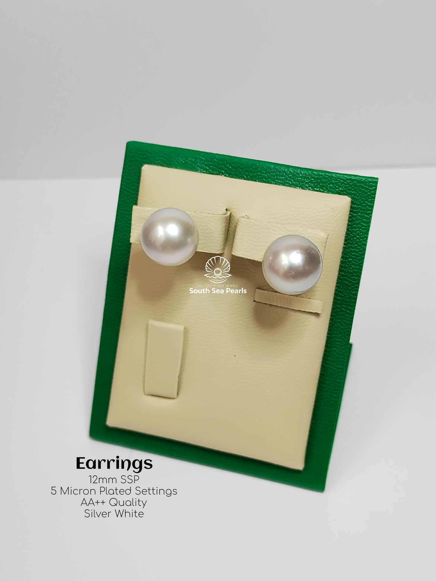 12mm Palawan Authentic Silver White Color South Sea Pearl Earrings in 5 Micron Plated Settings