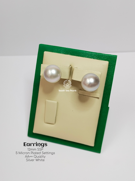 12mm Palawan Authentic Silver White Color South Sea Pearl Earrings in 5 Micron Plated Settings