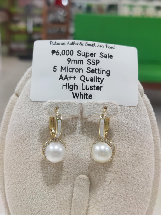 9mm Authentic White South Sea Pearls Earrings in 5 Microns Settings