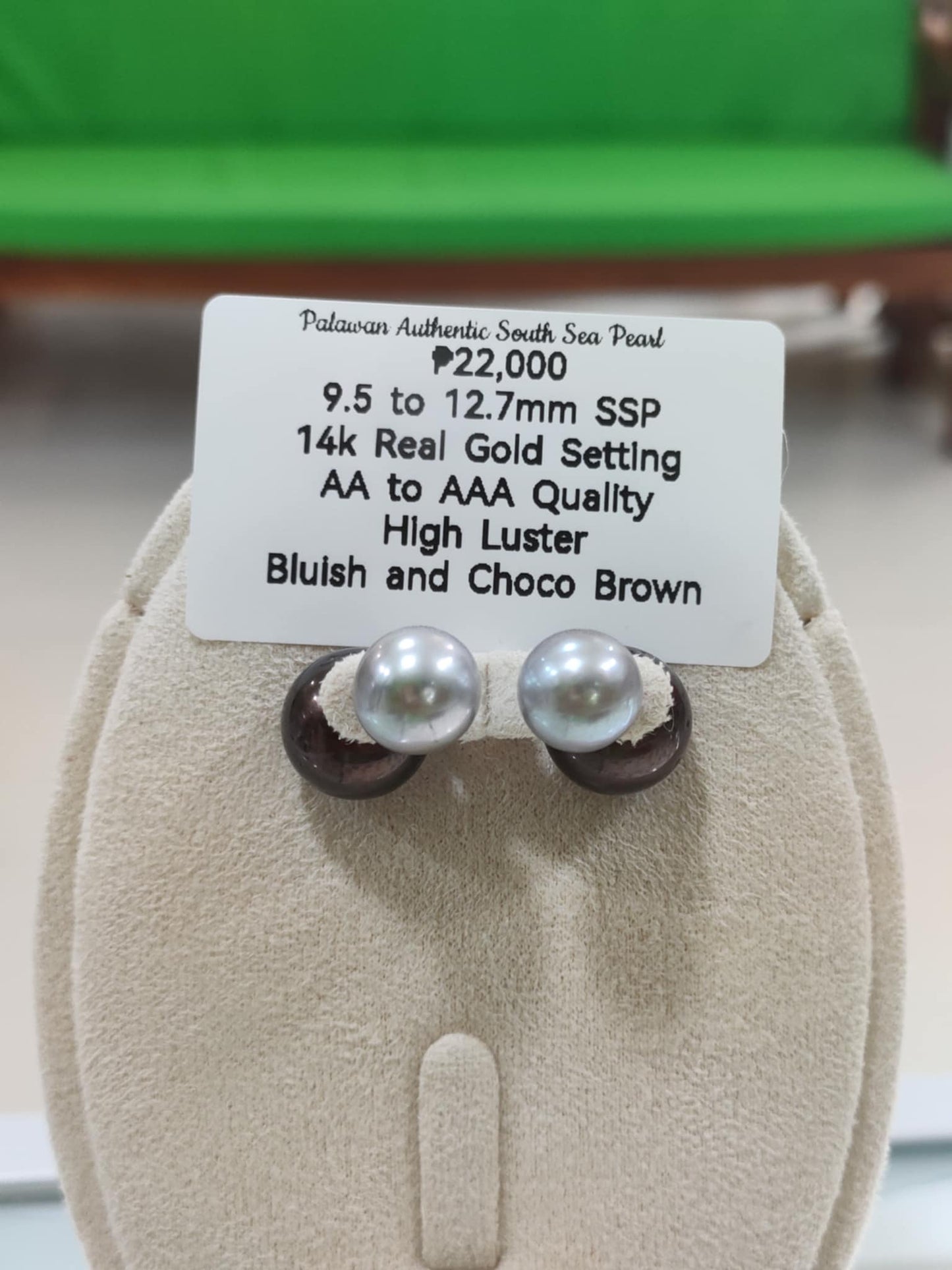 9.5mm & 12.7mm Authentic Bluish and Choco Brown Color South Sea Pearls Earrings in 14k Gold Settings