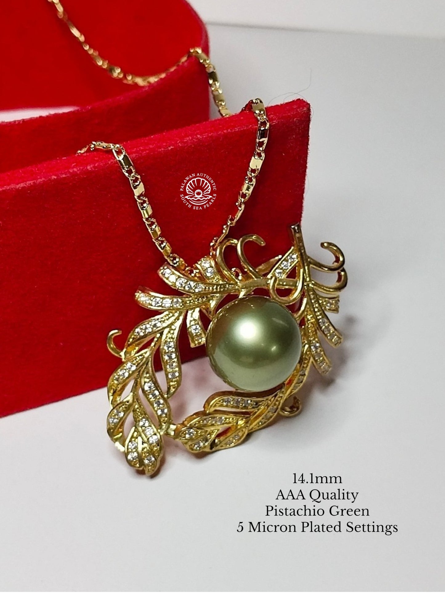 14.1mm Palawan Authentic Pistachio Green Color South Sea Pearl Brooch in 5 Micron Plated Settings