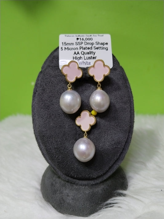 15mm Authentic White South Sea Pearl Special Design in 5 Micron Plated Settings