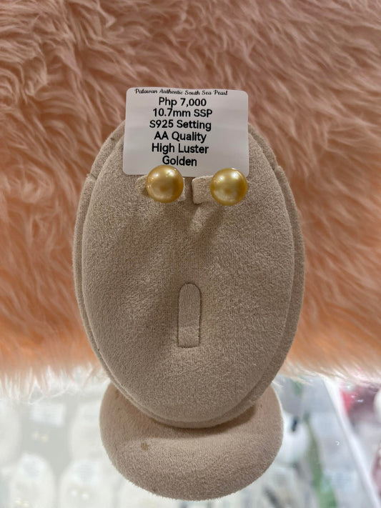 10.7mm Authentic Golden Color South Sea Pearl Set in S925 Settings