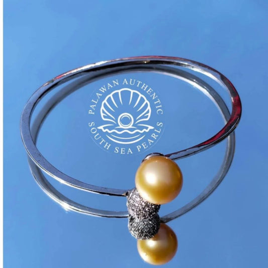 12.5mm Palawan Authentic Champagne Color South Sea Pearl Bangle in 5 Micron Plated Settings