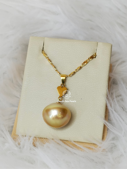 14.7mm Palawan Authentic Golden Color South Sea Pearl Pendant in 14k Real Gold Settings