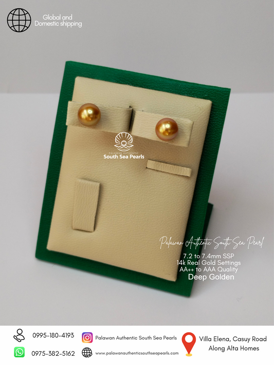 7.2mm to 7.4mm Palawan Authentic Deep Golden Color South Sea Pearl Earrings in 14k Real Gold Settings