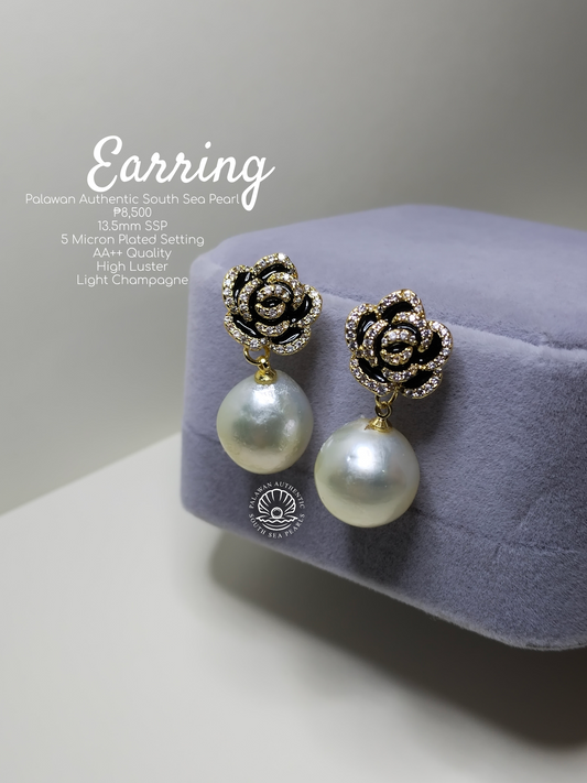 13.5mm Palawan Authentic Light Champagne Color South Sea Pearl Earrings in 5 Micron Plated Settings