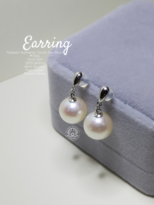 11mm Palawan Authentic Pinkish White South Sea Pearls Earrings in S925 Settings