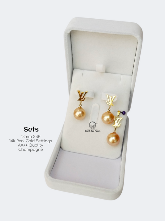 13mm Palawan Authentic Champagne Color South Sea Pearl Sets in 14k Real Gold Settings