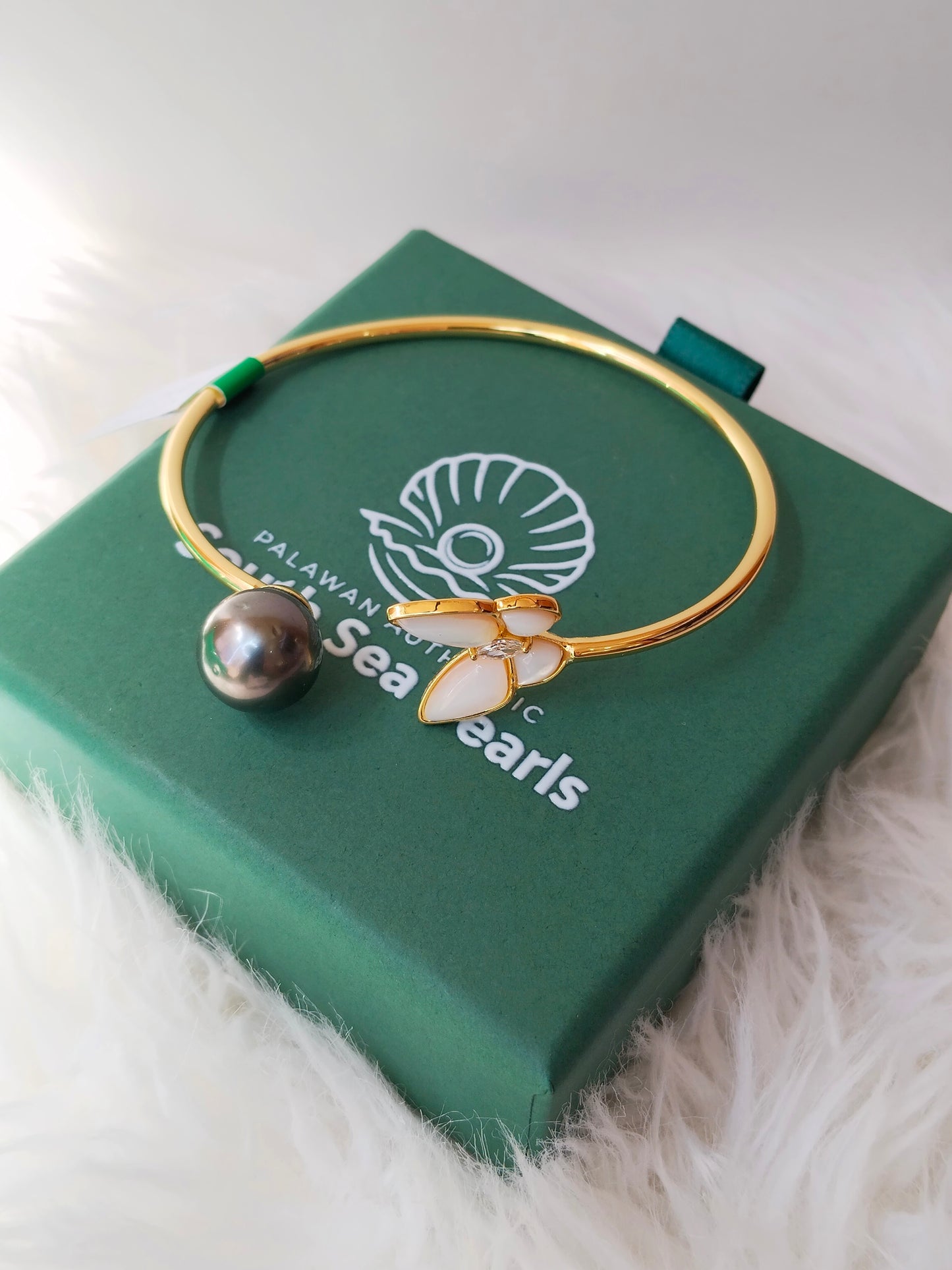 11.9mm Palawan Authentic Tahitian Black Color South Sea Pearl Bangle in 5 Micron Plated Settings