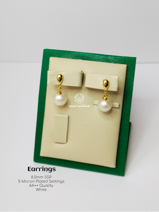 8.5mm Palawan Authentic White Color South Sea Pearl Earrings in 5 Micron Plated Settings