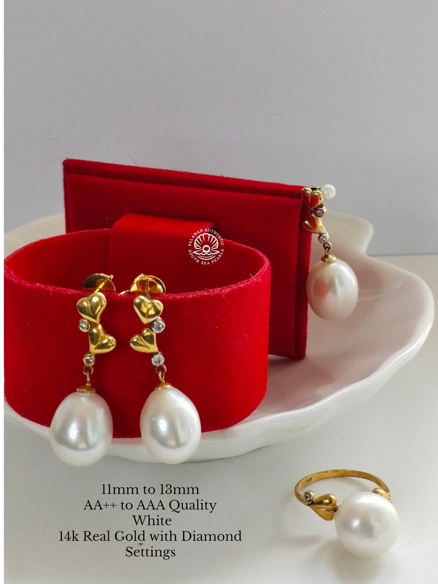 11mm to 13mm Palawan Authentic White Color South Sea Pearl in 14k Real Gold and Diamonds