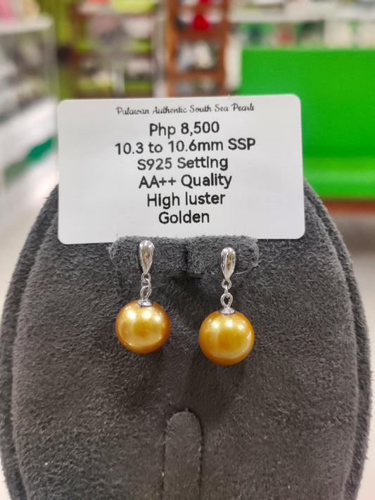 10.3mm to 10.6mm Authentic South Sea Pearls Earrings in 5 Micron Plat