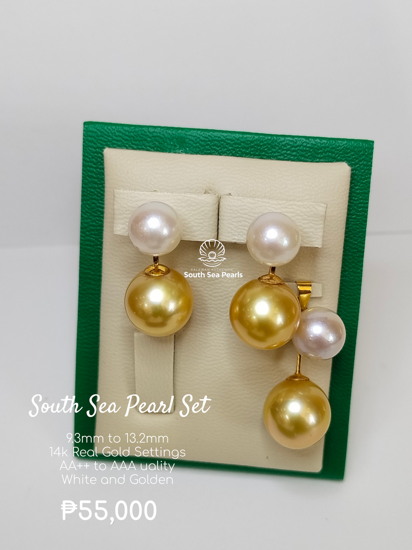 9.3mm to 13.2mm Palawan Authentic White and Golden Color Sets in 14k Real Gold Settings