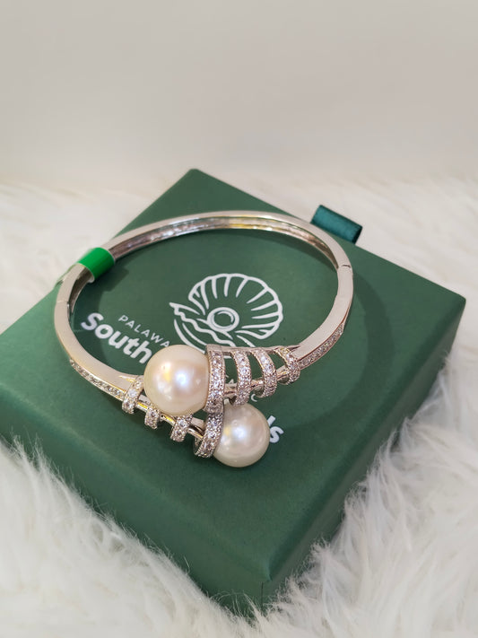 12.6mm Palawan Authentic White Color South Sea Pearl Bangle in 5 Micron Plated Settings