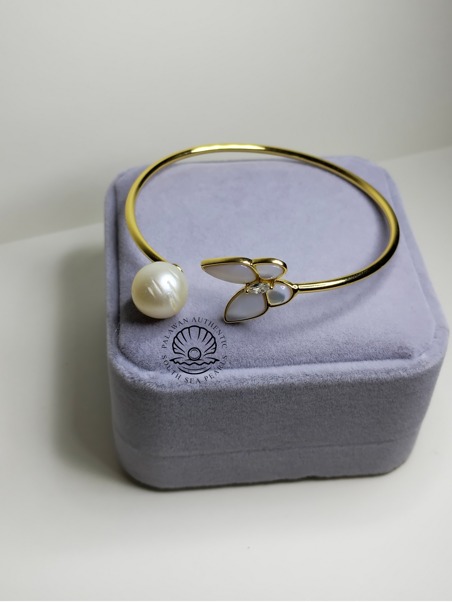 11.5mm Palawan Authentic White South Sea Pearl Bangle in 5 Micron Plated Settings