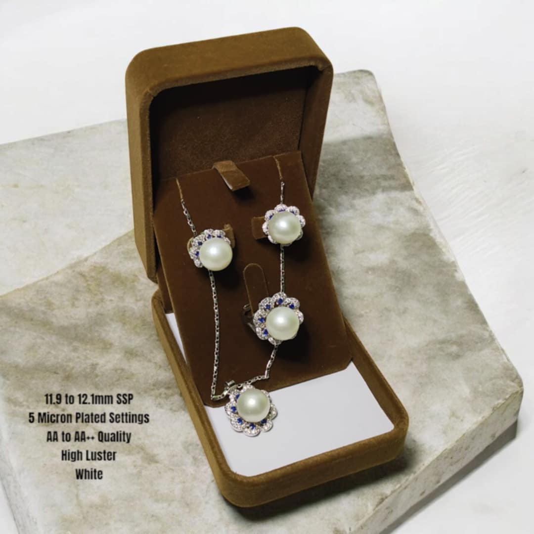 New Arrival! 11.9mm to 12.1mm Authentic White South Sea Pearl Sets in 5 Micron Plated Settings