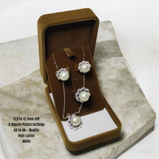 New Arrival! 11.9mm to 12.1mm Authentic White South Sea Pearl Sets in 5 Micron Plated Settings
