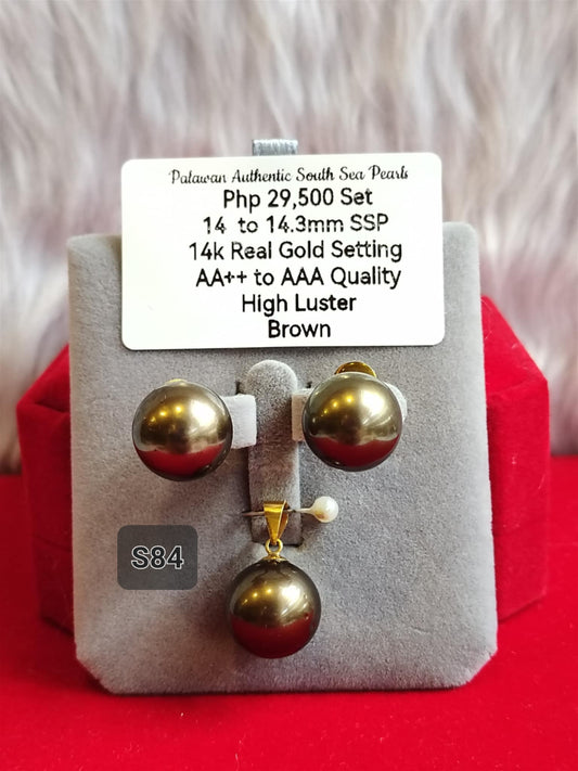14mm to 14.3mm Authentic Brown Color South Sea Pearls Set in 14K Gold Settings