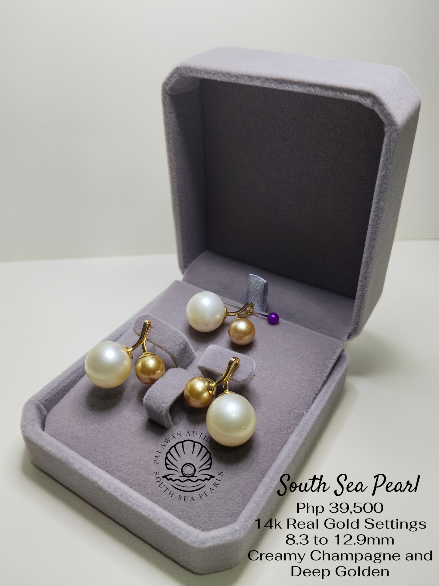 New Arrival! 8.3 to 12.9mm Palawan Authentic Creamy Champagne and Deep Golden Color South Sea Pearl Sets in 14k Real Gold Settings