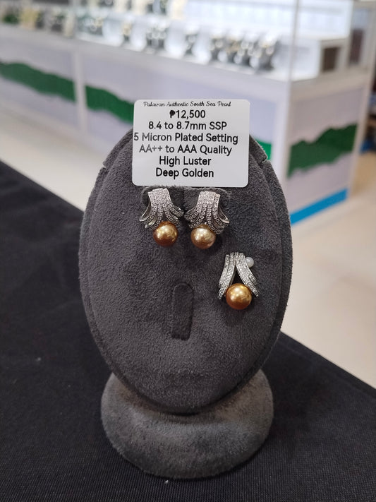 8.4mm to 8.7mm Authentic Deep Golden Color South Sea Pearl Set in 5 Micron Settings