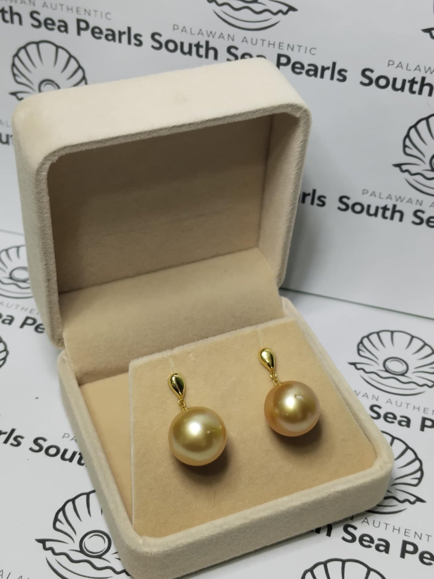 New Arrival! 13.6mm to 13.8mm Authentic Golden Color South Sea Pearl Earrings in 14k Real Gold Settings