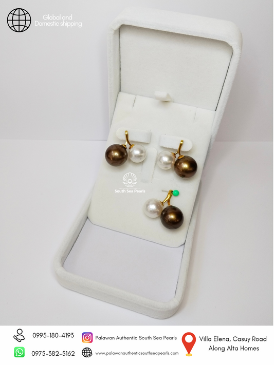 11.3mm to 14mm Palawan Authentic White and Choco Brown Color South Sea Pearl Sets in 14k Real Gold Settings