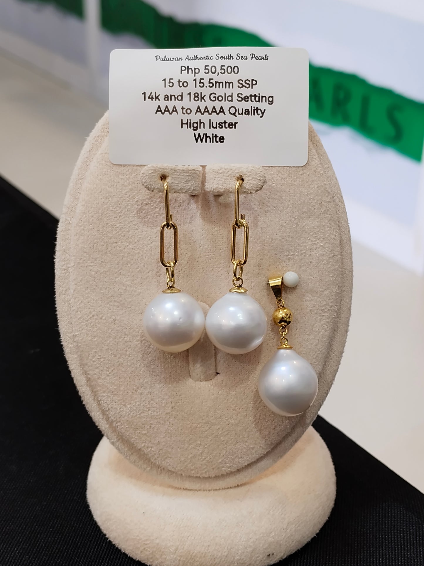 15mm to 15.5mm Authentic White South Sea Pearl Sets in 14k Real Gold Settings