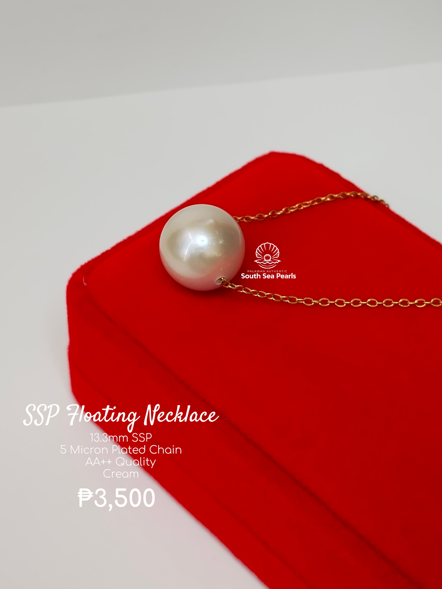 13.3mm Palawan Authentic  Cream Color South Sea Pearl Floating Necklace in 5 Micron Plated Settings