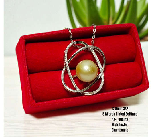 New Arrival! 12.8mm Authentic Champagne Color South Sea Pearls Pendant in 5 Micron Plated Settings