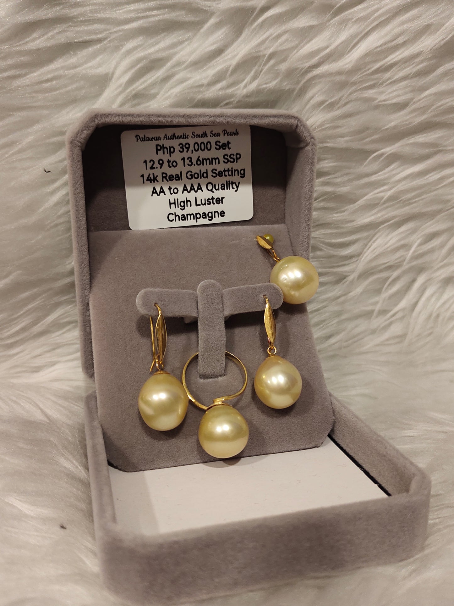 12.9mm to 13.6mm Authentic Champagne Color South Sea Pearl Sets in 14k Real Gold Settings