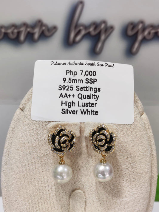 9.5mm Authentic Silver White South Sea Pearls Earrings in Sterling Silver Settings