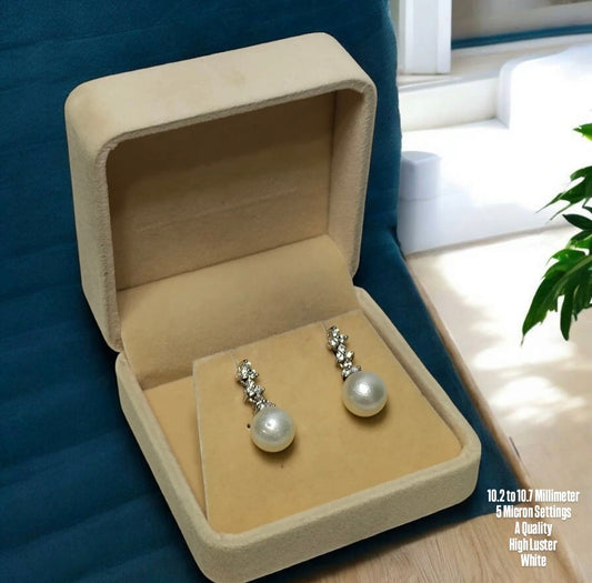 New Arrival! 10.2 to 10.7mm Authentic White South Sea Pearl Earring in 5 Micron Settings