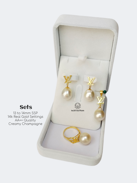 13mm to 14mm Palawan Authentic Creamy Champagne Color South Sea Pearl Sets in 14k Real Gold Settings