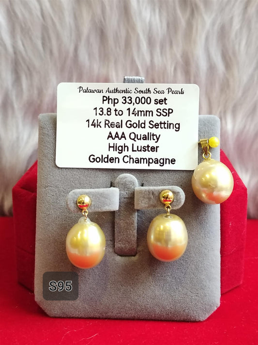 13.8mm to 14mm Authentic Golden Champagne South Sea Pearls Set in 14K Gold Settings