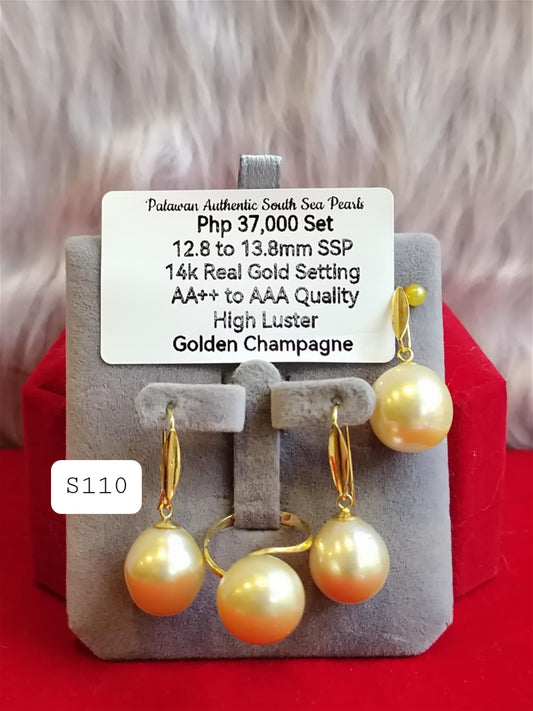12.8mm to 13.8mm Authentic Golden Champagne South Sea Pearls Set in 14K Gold Settings