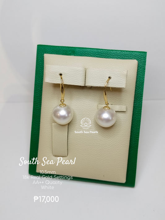 10.5mm Palawan Authentic White Color South Sea Pearl Earrings in 18k Real Gold Setting