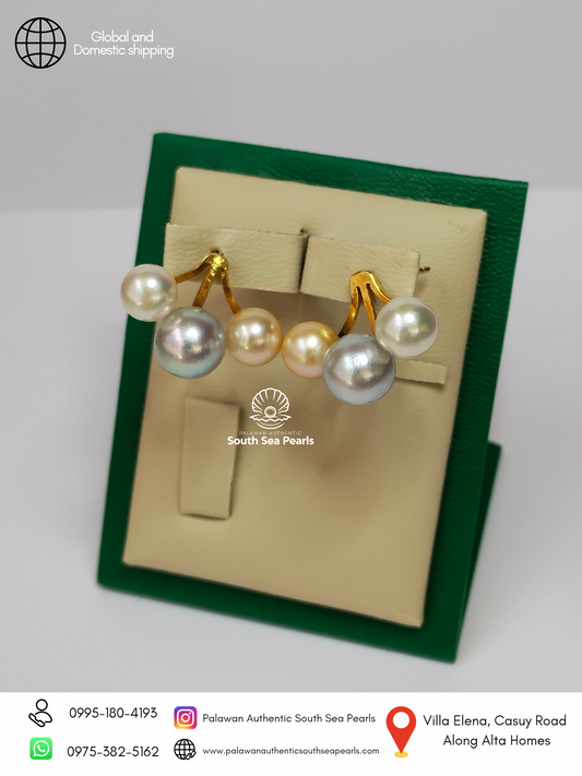7.7mm to 9.8mm Palawan Authentic Multi Color South Sea Pearl Earrings in 14k Real Gold Settings