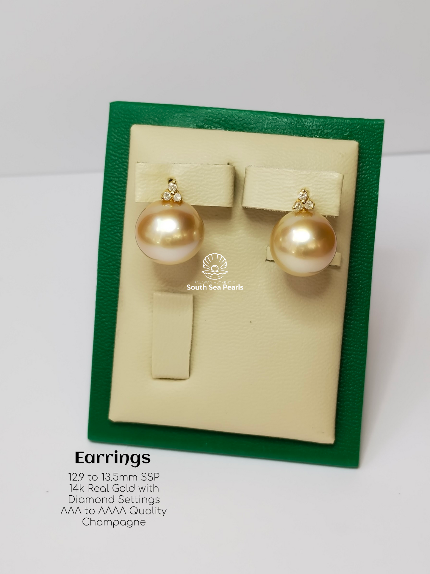 13mm to 13.5mm Palawan Authentic Champagne Color South Sea Pearl in 14k Real Gold and Diamonds
