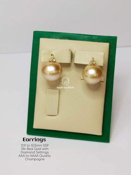 13mm to 13.5mm Palawan Authentic Champagne Color South Sea Pearl in 14k Real Gold and Diamonds