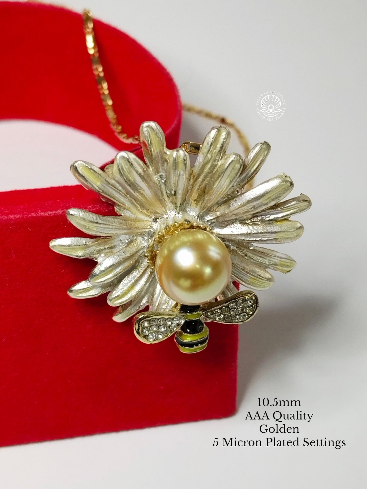 10.5mm Palawan Authentic Golden Color South Sea Pearl Brooch in 5 Micron Plated Settings