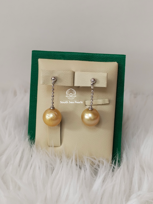 10.9mm Authentic Golden Color South Sea Pearl Earrings in S925 Settings