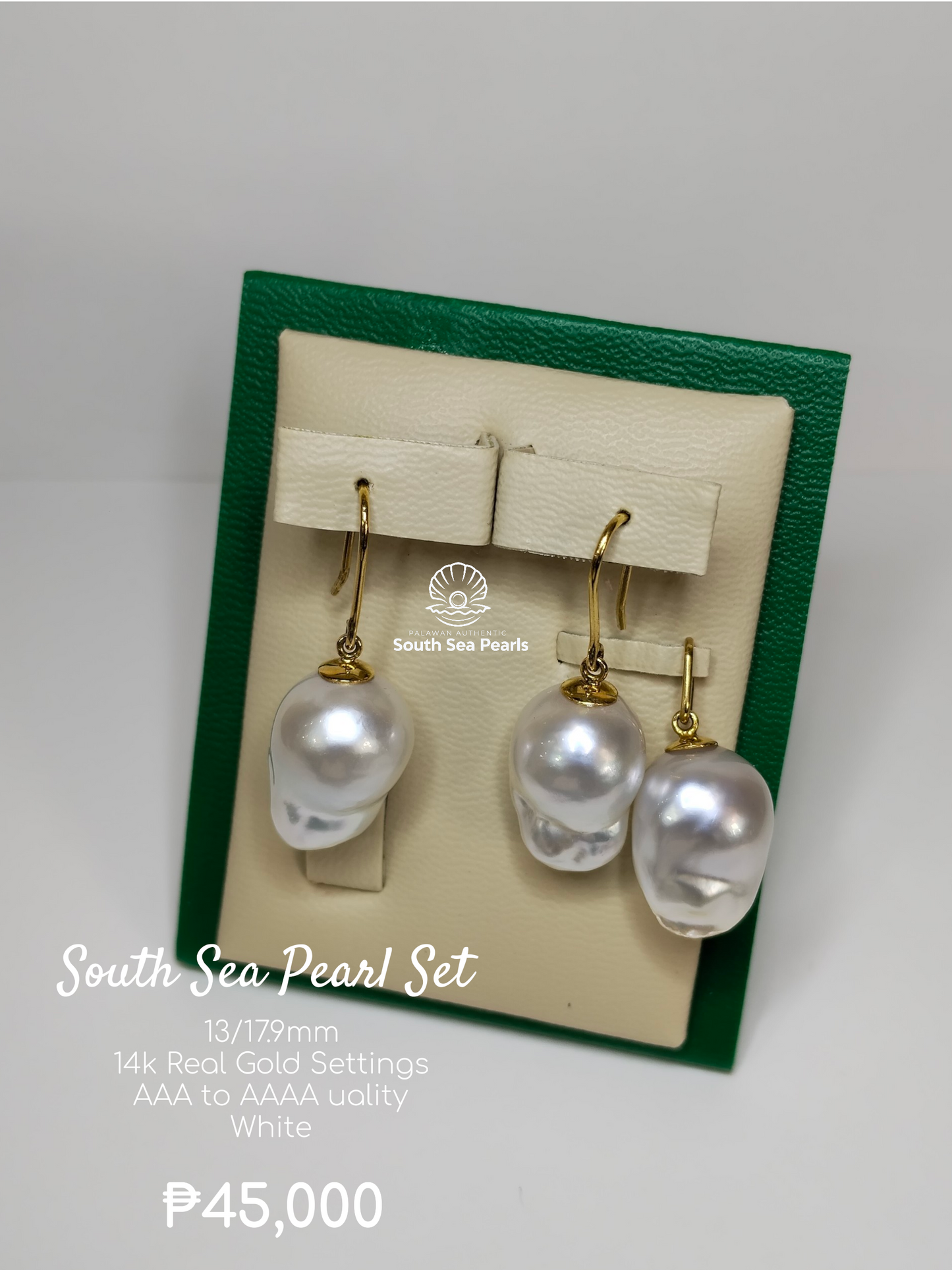 13/17.9mm Palawan Authentic White Color South Sea Pearl Sets in 14k Real Gold Settings