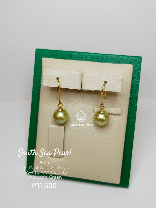 8mm Palawan Authentic Avocado Green Color South Sea Pearl Earrings in 14k Real Gold Settings