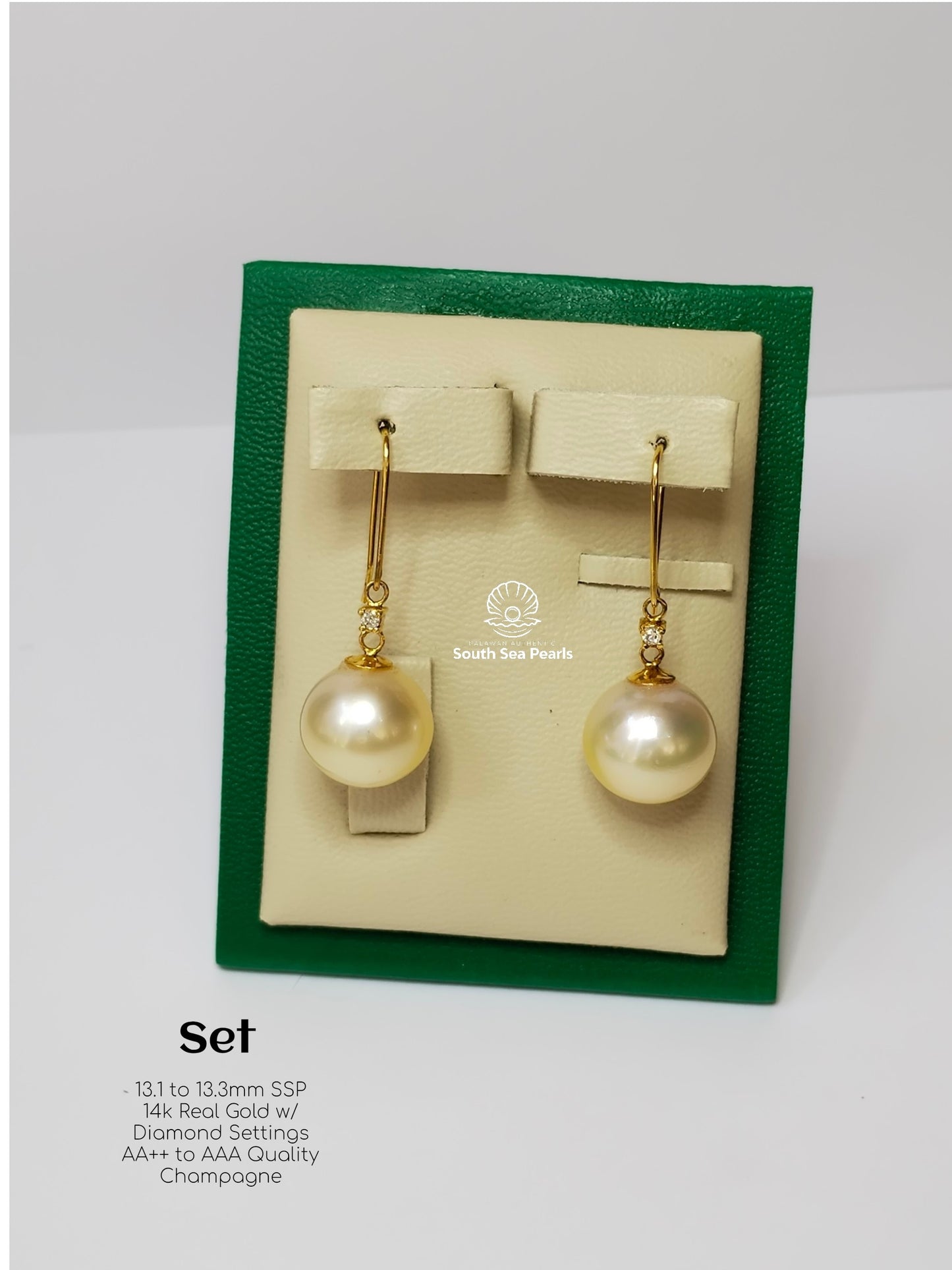 13.1mm to 13.3mm Palawan Authentic Champagne Color South Sea Pearl in 14k Real Gold and Diamonds