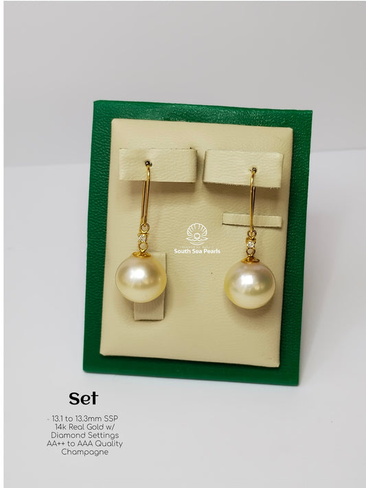 13.1mm to 13.3mm Palawan Authentic Champagne Color South Sea Pearl in 14k Real Gold and Diamonds