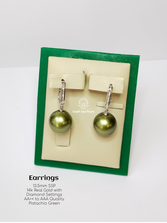 13.5mm Palawan Authentic Pistachio Green Color South Sea Pearl in 14k Real Gold and Diamonds